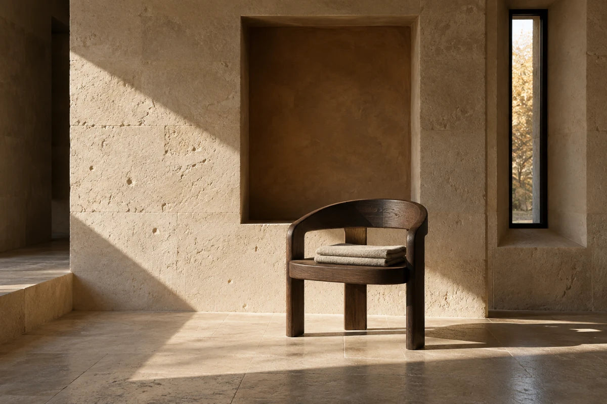 Sculptural oak chair and folded linen in a sunlit limestone alcove