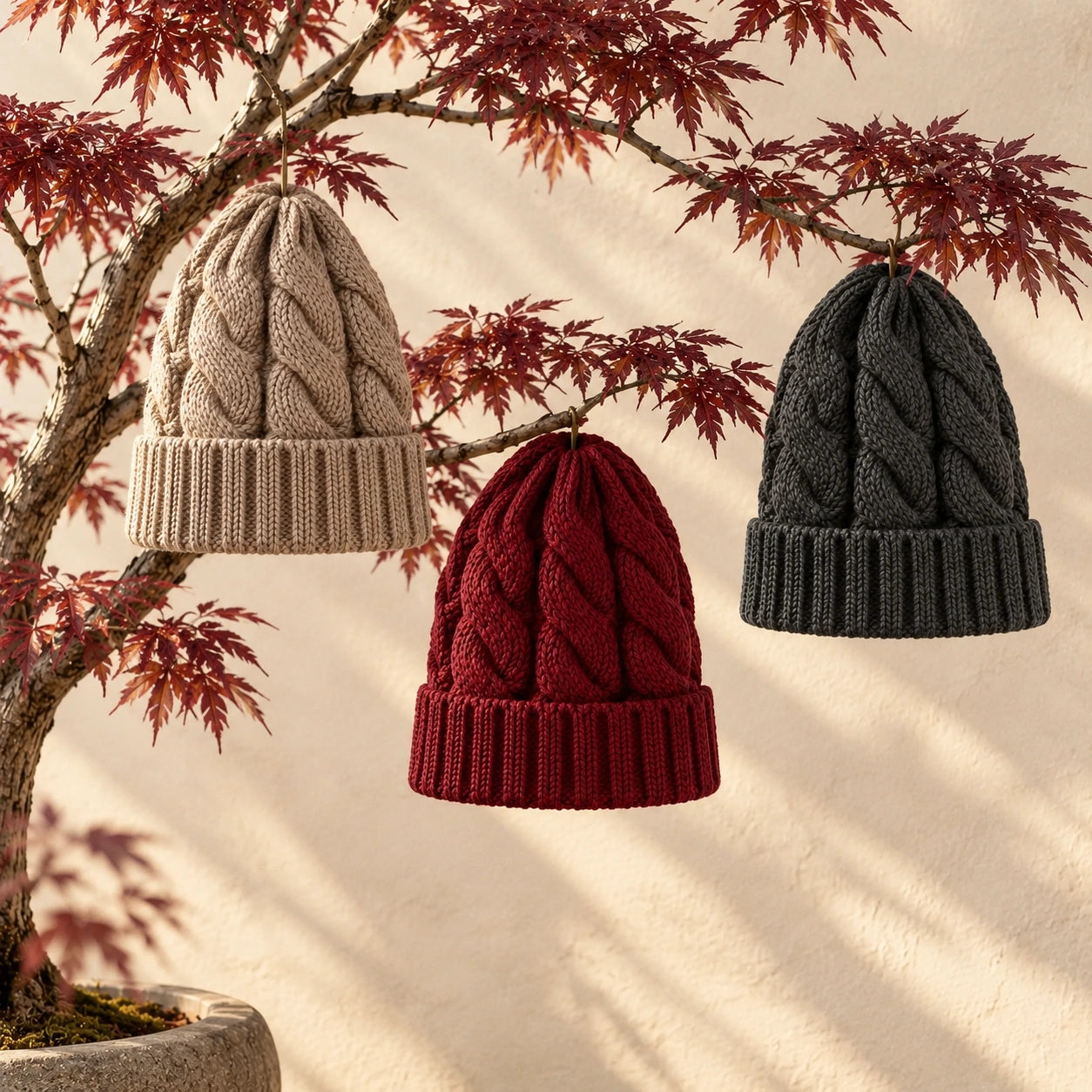 Beige, Burgundy and Black cable-knit beanies hanging from autumn branches