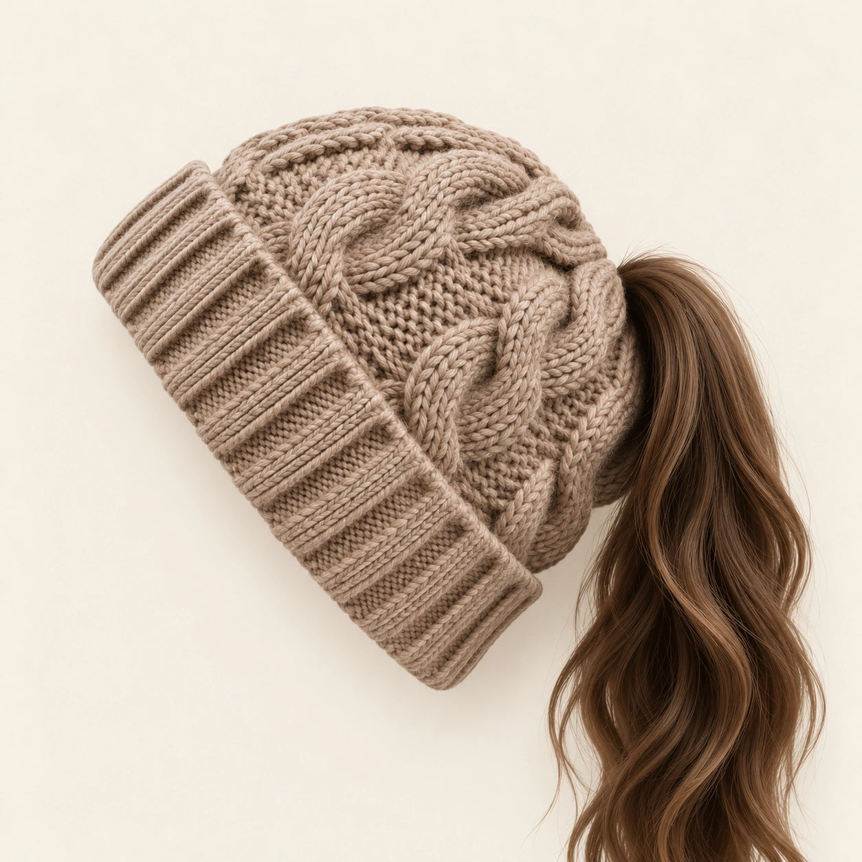 Beige ponytail beanie with hair passing through the crown opening